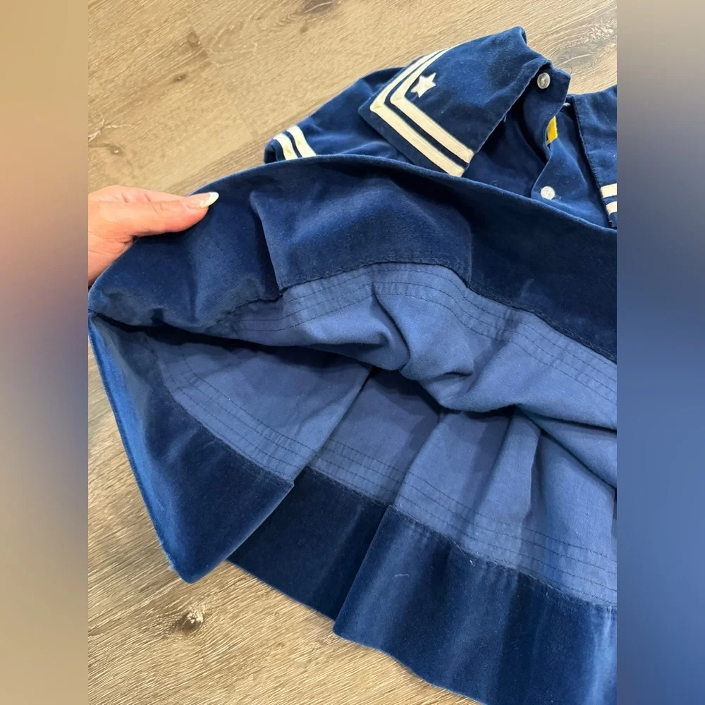 vintage blue velour sailor dress with white piping trim